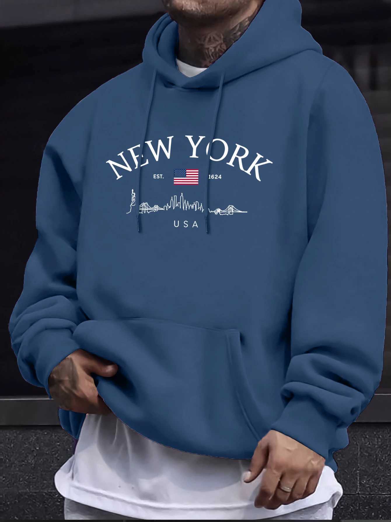 New York Usa Printing Male Fleece Basics Streetwears O-Neck AutumnSweatshirt Casual Loose Hoodie Comfortable Trendy Top Unisex J251203