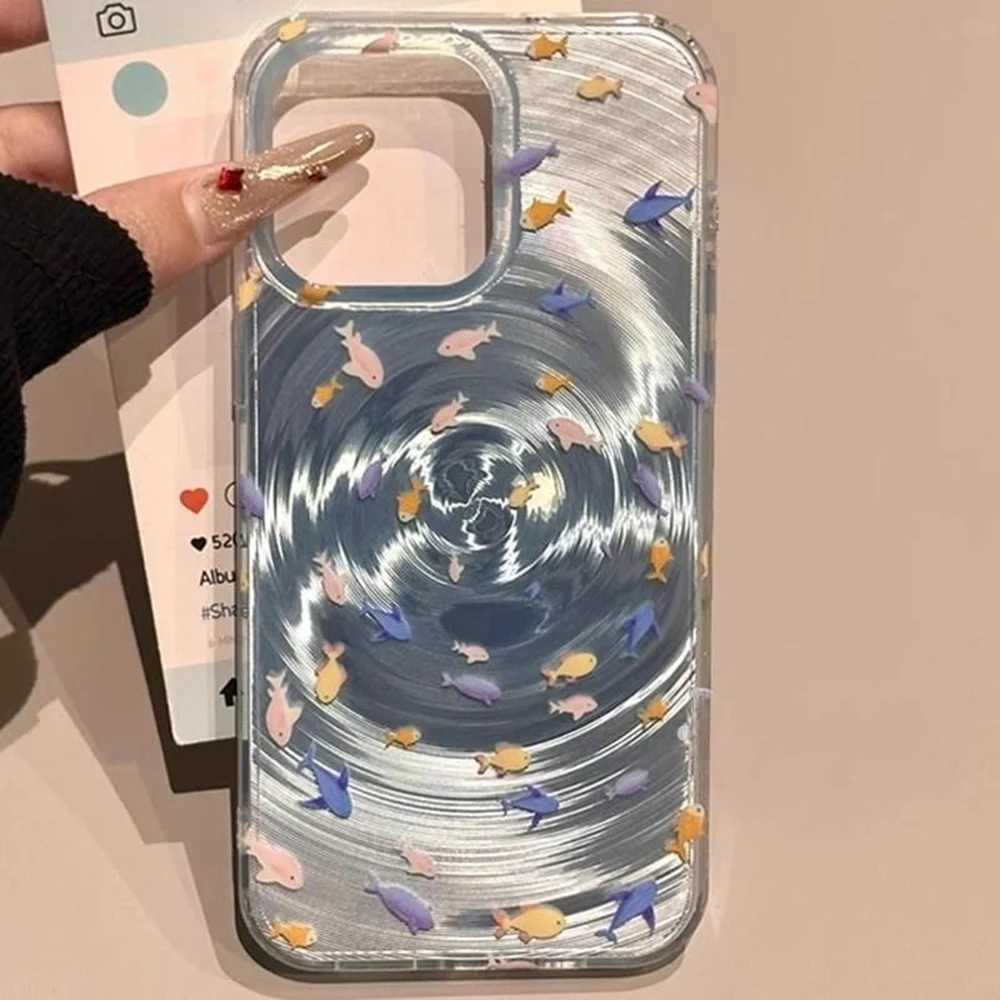 Korean Cute Fishes Silicone Phone Case For iPhone 15 Pro Case For iPhone 11 12 13 14 16 Pro Max Vortex Pattern Soft Back Cover J251202