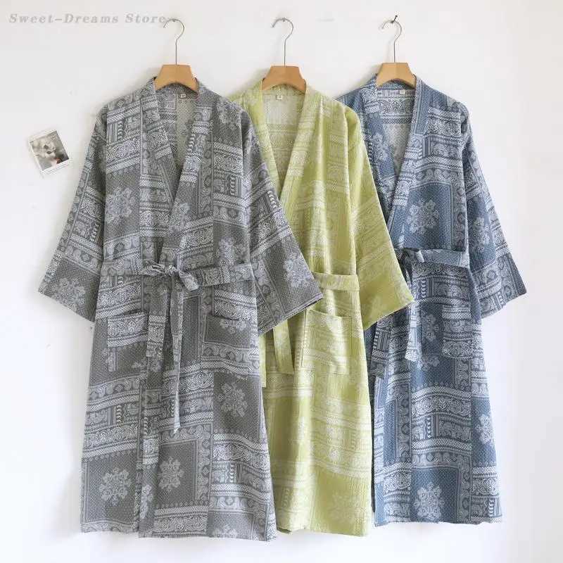 Adult Mens Cotton Robe Kimono Bathrobe Gown Yukata Negligee with Pocket Loose Casual Home Wear Printed Loungewear Sleepwear C251202