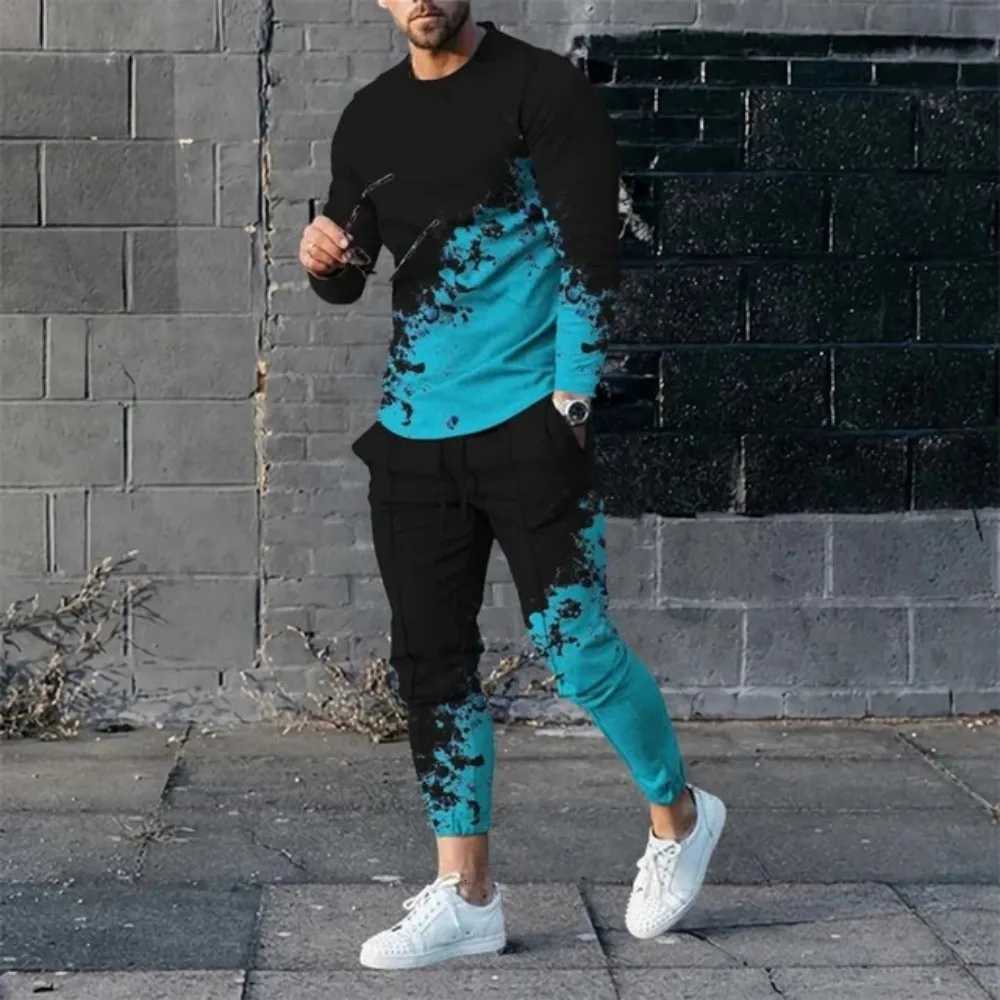 Personalized Mens New Stripe Splicing Printed Breathable Round Neck Thsirt Pants Set Outdoor Hiking Leisure Set W251202