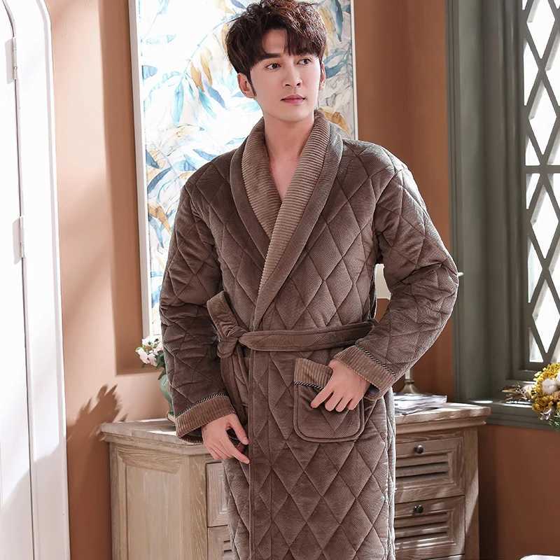 Mens Winter Plush Quilted Lengthened Shawl Bathrobe Home Clothes Long Sleeved Robe Coat men robe thick pijamas hombre robes 3XL C251202
