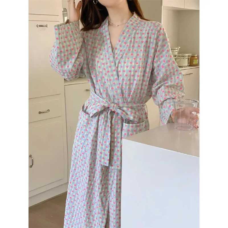 bathrobe womens bathing love plaid loose long sleeve long kimono V-neck lace up trousers nightgown sexy robe womens girl C251202