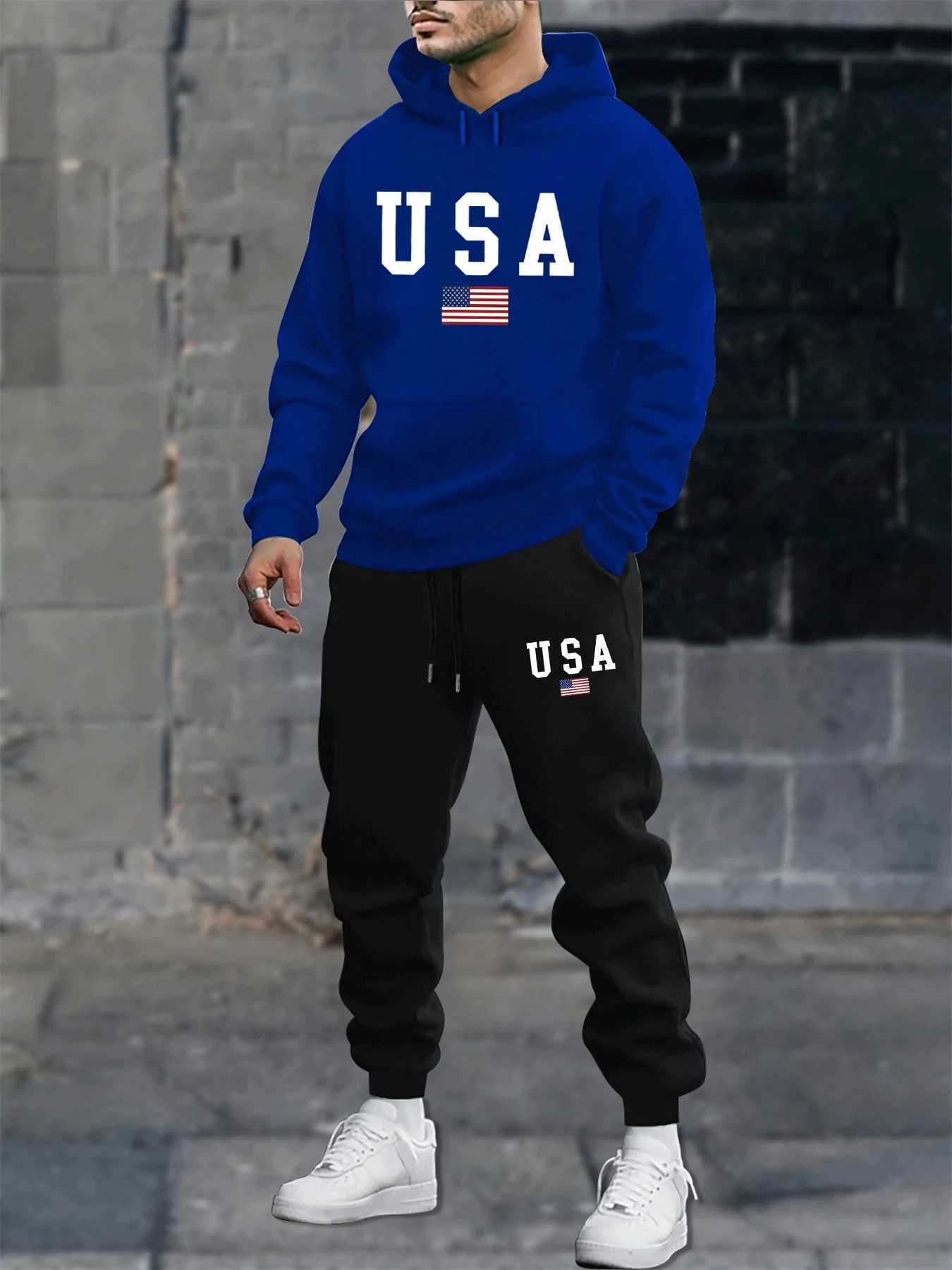 Mens autumn and winter casual fashion warm American flag USA pattern print loose plush thick hooded sweatshirtsweatpants set W251202