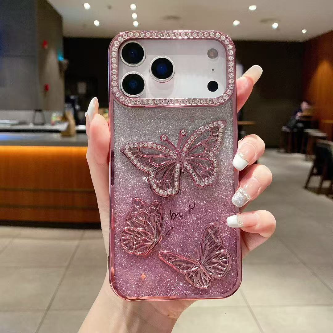 3D Butterfly Rhinestone Phone Case iPhone 17 Pro Max Compatible with Apple 16 Electroplated Gradient Glitter Paper Case