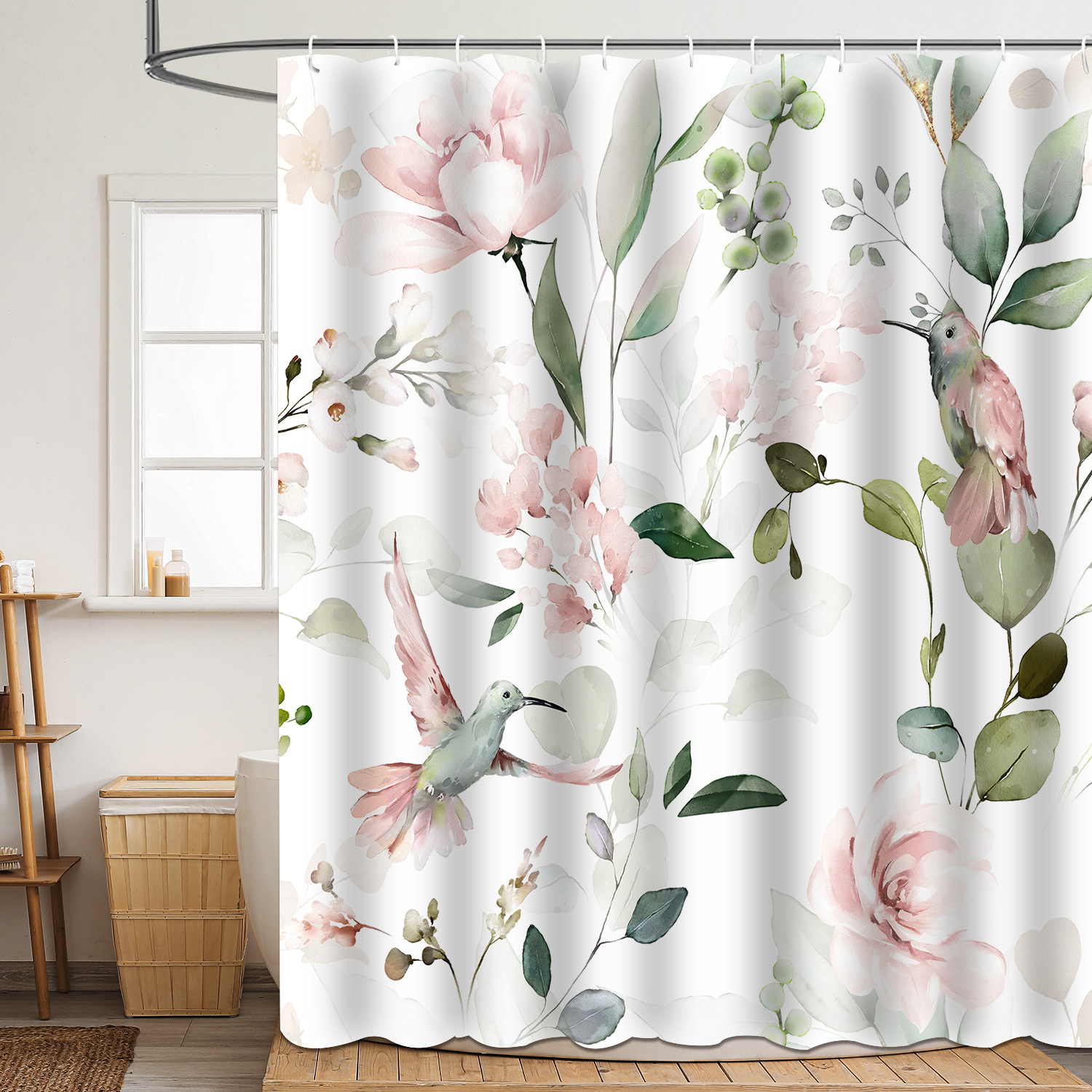 YL-37863 High-definition digital printed floral and bird shower curtain, waterproof, moisture-proof, no-drill bathroom partition curtain
