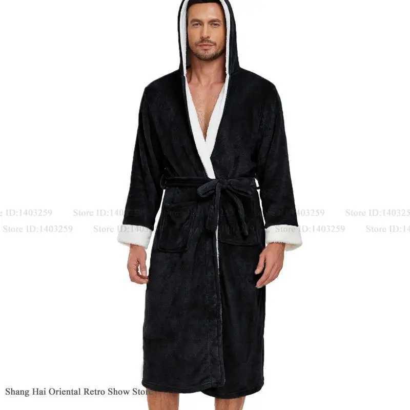 Winter Thicken Hooded Mens Long Robe Sleepwear Warm Flannel Nightwear Kimono Gown Bathrobe Casual Coral Fleece Homewear Pajama C251202