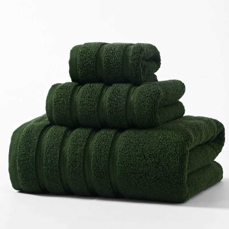 High Quty 100Cotton Towel Set BundleSolid Dark Green HandFaceBath TowelSoft Absorbent Washcloth For Hotel Home Gift 3pcs Y251202