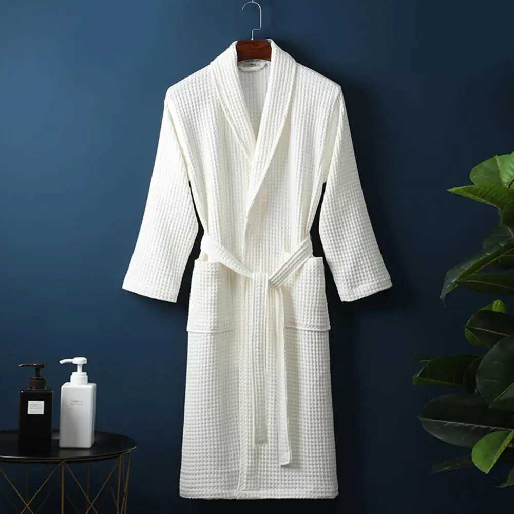 Long Waffle Bathrobe Unisex Mens V Neck Lace-up Nightgown with Pockets Loose Long Sleeve Sleepwear Towel Bathrobe for Hotel C251202