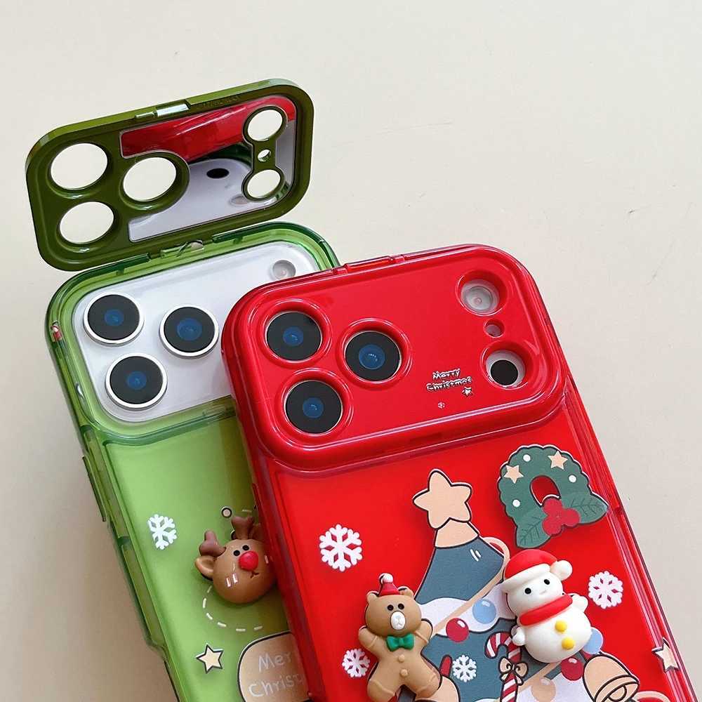 3D Christmas Lanyard Phone Holder Case for iPhone 17 16 15 14 13 12 11 Pro Max Plus Elk Santa Claus Shockproof Mirror Cover J251202