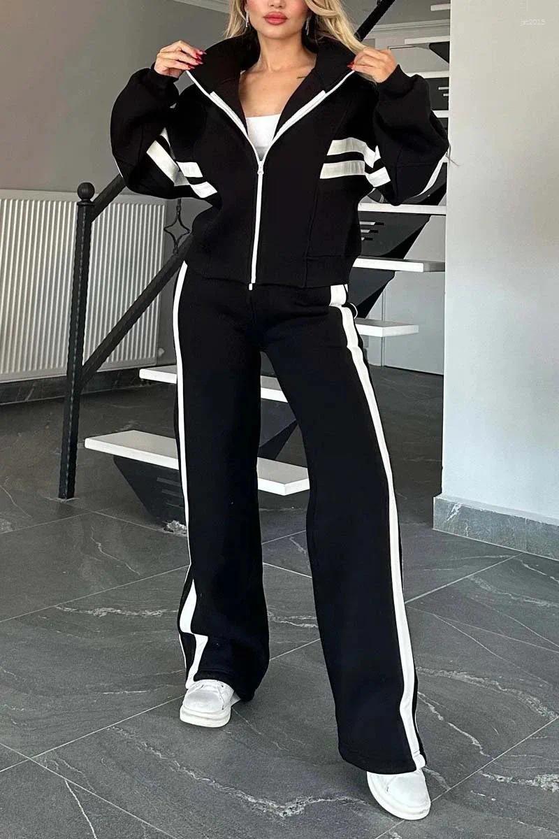 Women's American Striped Zipper Tracksuit Casual Fashion Long Sleeve Stripe Pattern Coat Comfortable Leisure Style Tow-piece Set Autumn Winter