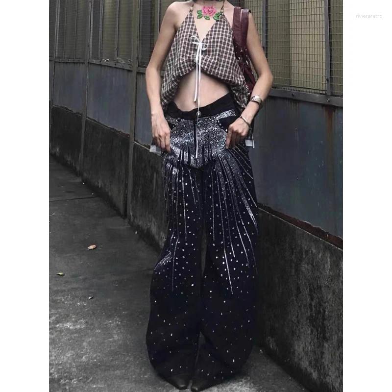 Women's Jeans YIBASHU Women Vintage Black Goth Y2k Rhinestone 2025 Autumn Harajuku Baggy Denim Trousers Japanese 2000s Grunge Jean Pants Z260313