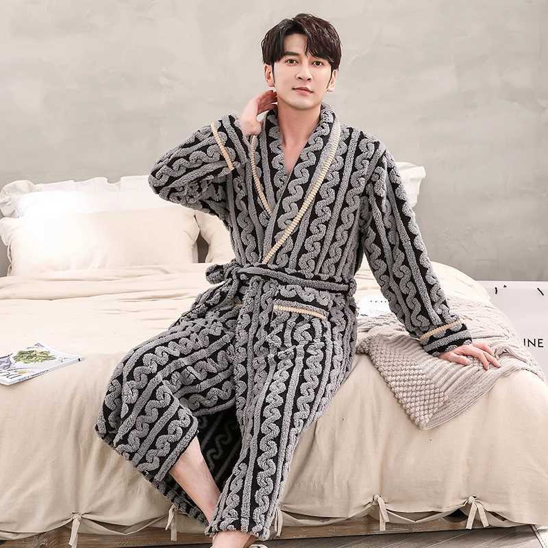 Men Sleepwear Robe Winter Flannel Thicken Terry Robe Male Long Sleeve Kimono Warm Bathrobe Home Wear Peignoir Men Robe C251202