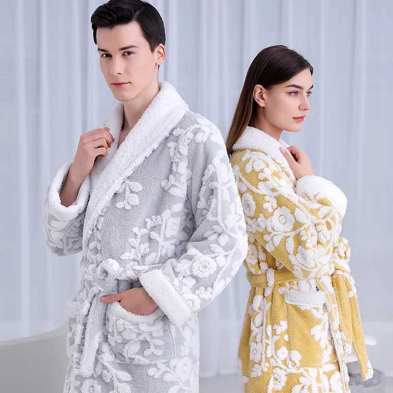 Jacquard Double Layer Thicken Robe Gown Women and Men Sleepwear Winter Warm Nightgown Coral Fleece Lovers Bathrobes Lingerie C251202