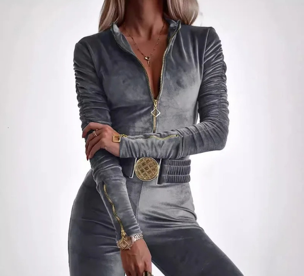 Mandylandy Sexy Bodycon Jumpsuits Women Velvet Zipper Sheath Jumpsuits Ruched Long Sleeve Jumpsuit with Elastic Waistbelt 241031