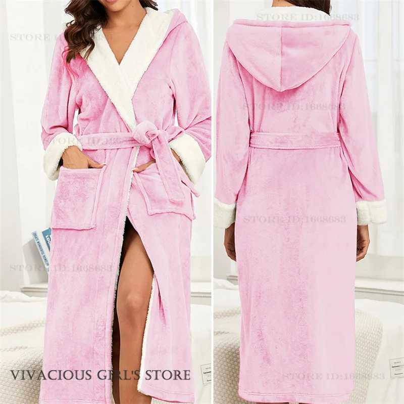 Autumn Winter Flannel Hooded Long Robe Womens Sleepwear Nightgown Thicken Warm Bathrobe Home Dress Loose Coral Fleece Nightwear C251202
