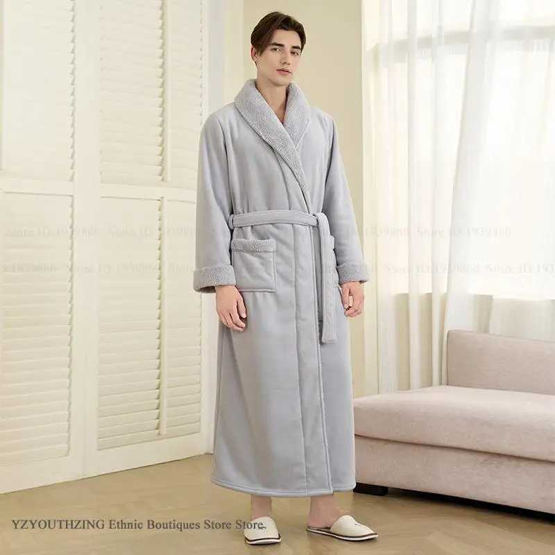 Double Layered Thick Coral Fleece Mens Long Robe Home Clothing Flannel Kimono Gown Bathrobe Couple Sleepwear Casual Lounge Wear C251202