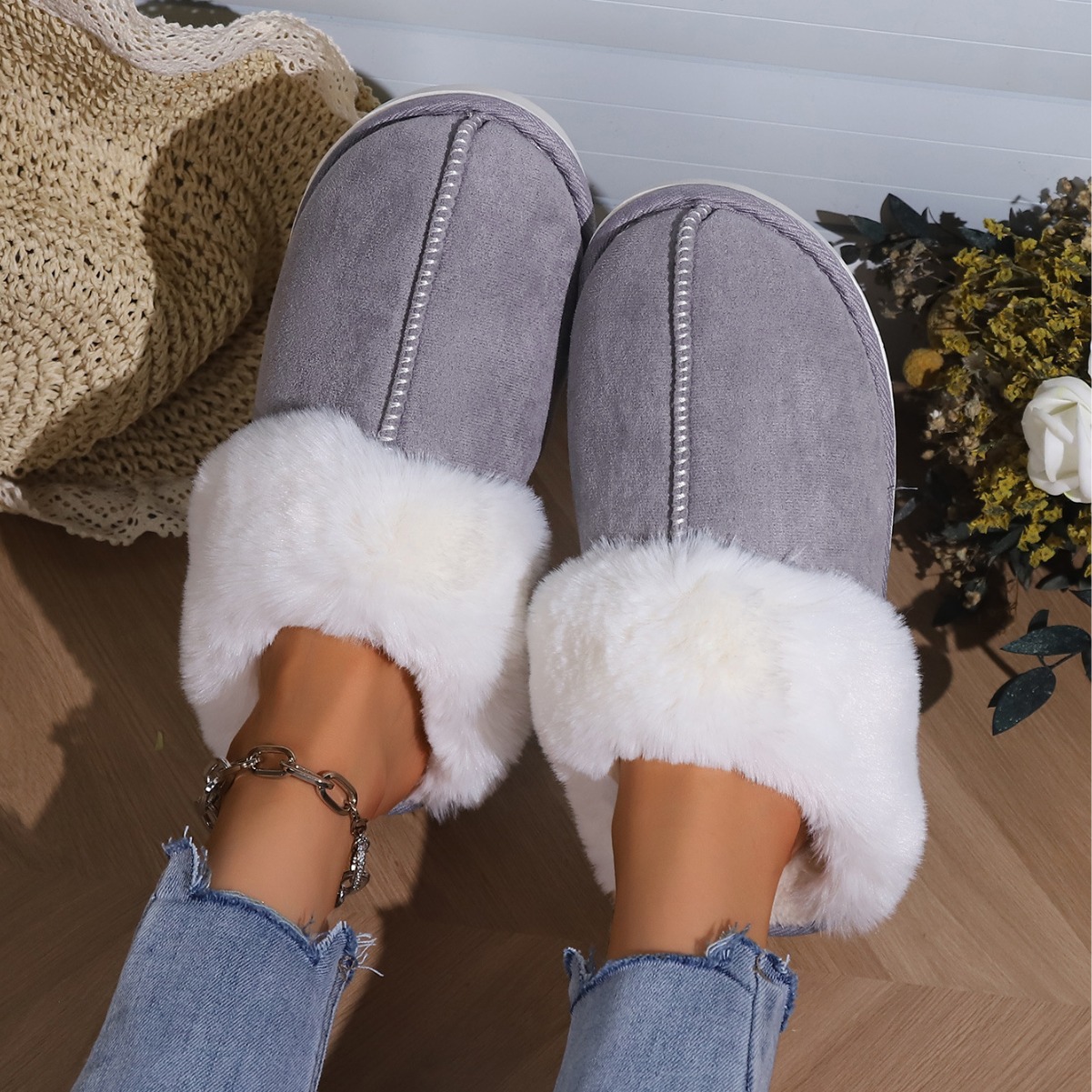 slippers designer women luxury 2025 Autumn/Winter Fleece-Lined Cotton Slippers with Toe Cap Design - Non-Slip Cozy Indoor Home Shoes for Women