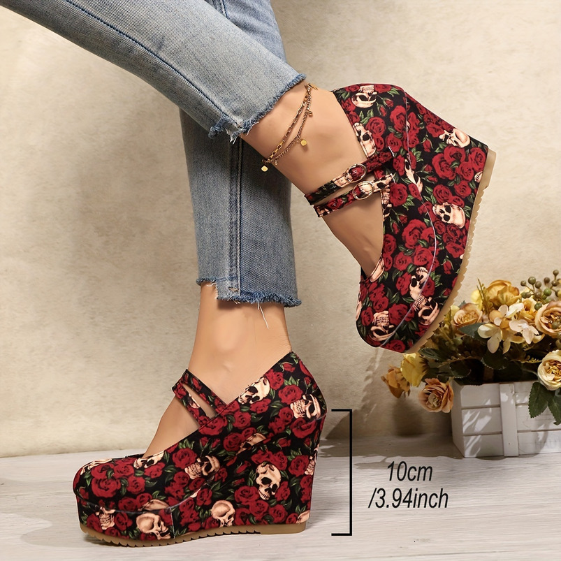 Graceful Ladies Wedge High Heels with Rose Print Glitter Embellishments - Comfortable and Stain-Resistant All-Season Platform Shoes
