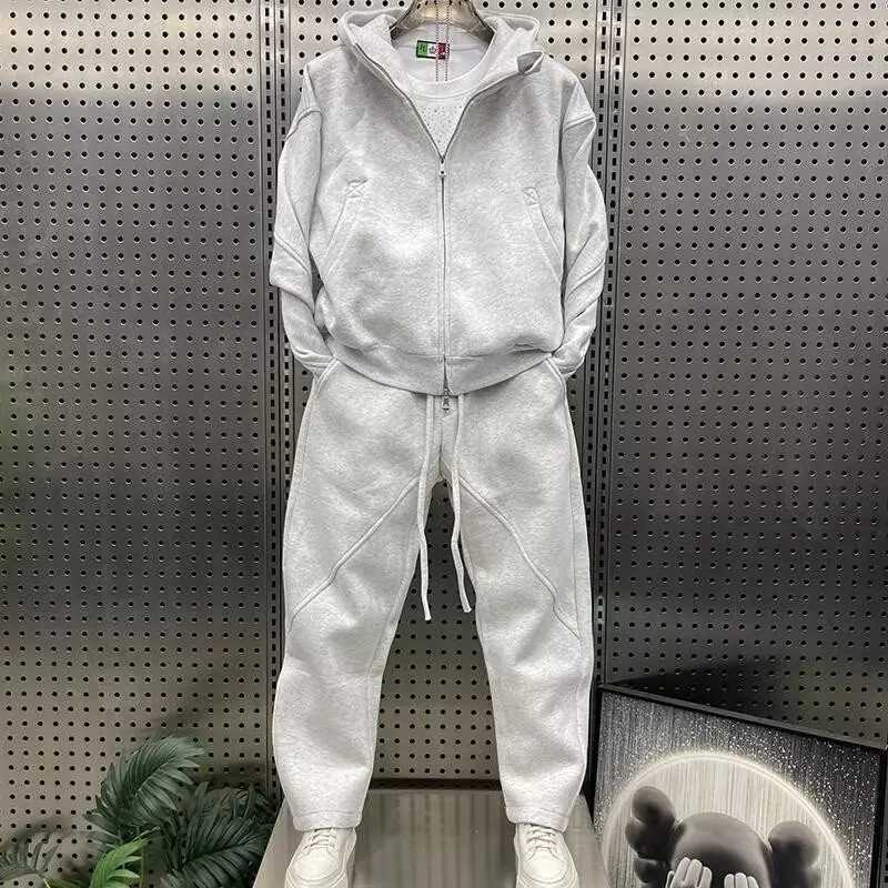 A simple American hooded sweatshirt cardigan casual pants set for men trendy and fashionable style two loose jackets W251202