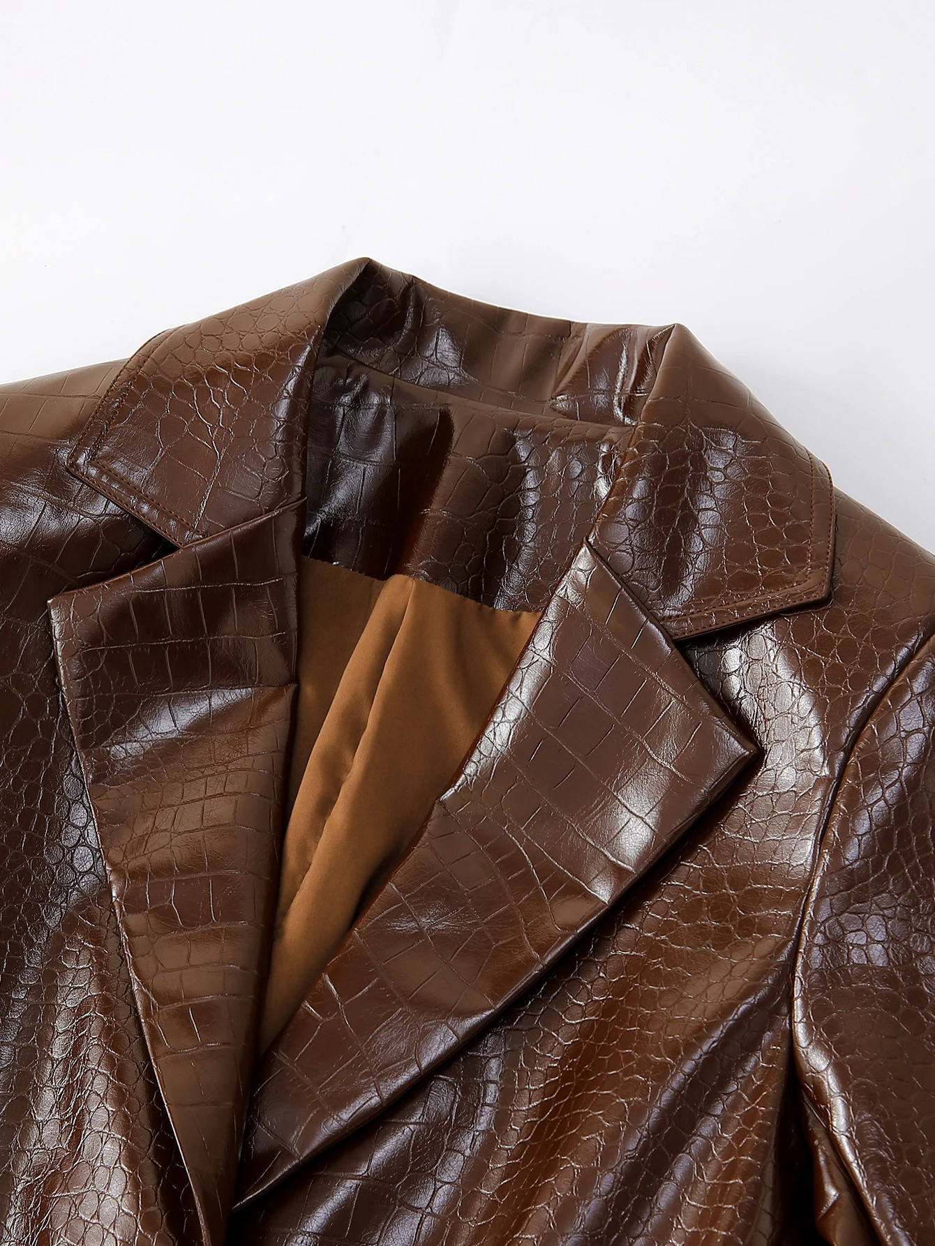 Womens Crocodile PU Leather Blazer Retro Brown Fitted Jacket for Office Professional Wear All-Season Elegant Coat 251201