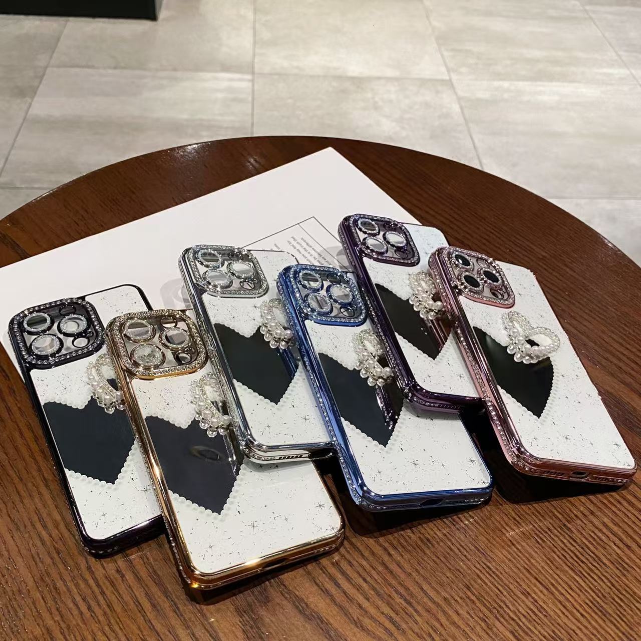 Pearl Heart Makeup Mirror Phone Case iPhone 16 Pro Max Compatible With Apple 15/14/13 Pro Electroplated Sparkling Diamond Case