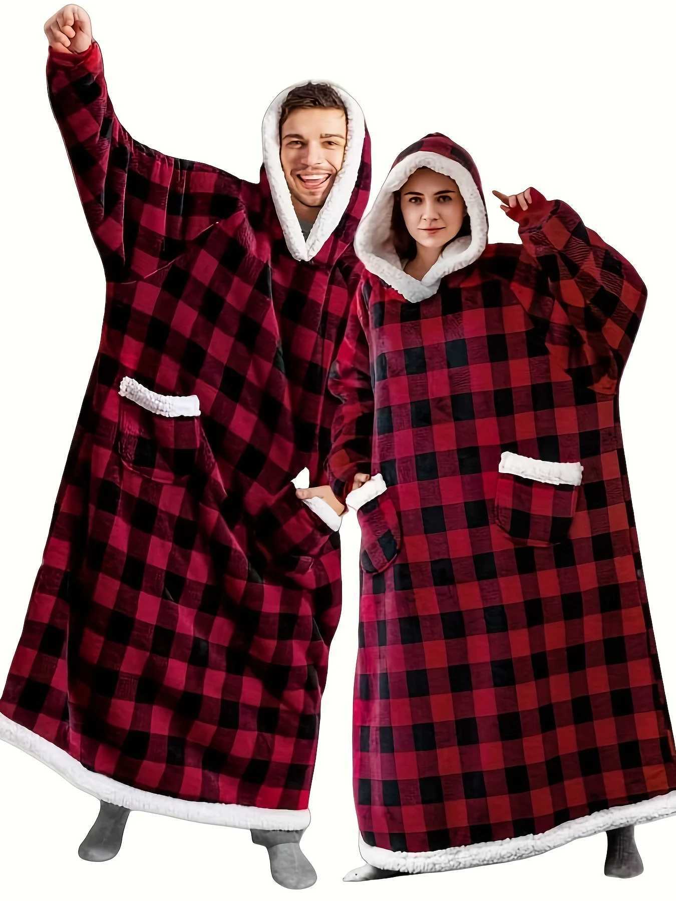 Cozy Mens Flannel Robe - Black Red Plaid Hooded Bathrobe Warm Pajama with Pockets Perfect Comfort Wear C251202