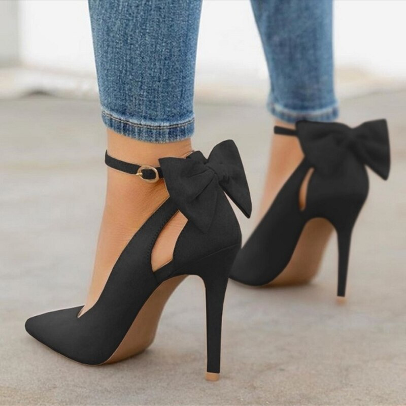 2025 Classic Ankle Lace-Up Bowknot Woman Shoes Solid Flock Shallow High Heels Shoes Party Shoes Fashion Women Pumps 6 Colors 251106