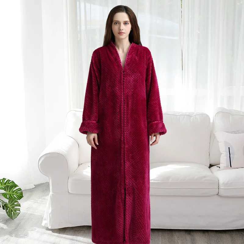 Women Winter Extra Long Warm Jacquard Flannel Bathrobe Pregnant Zipper Plus Size Dressing Gown Lounge Coral Fleece Bath Robe C251202