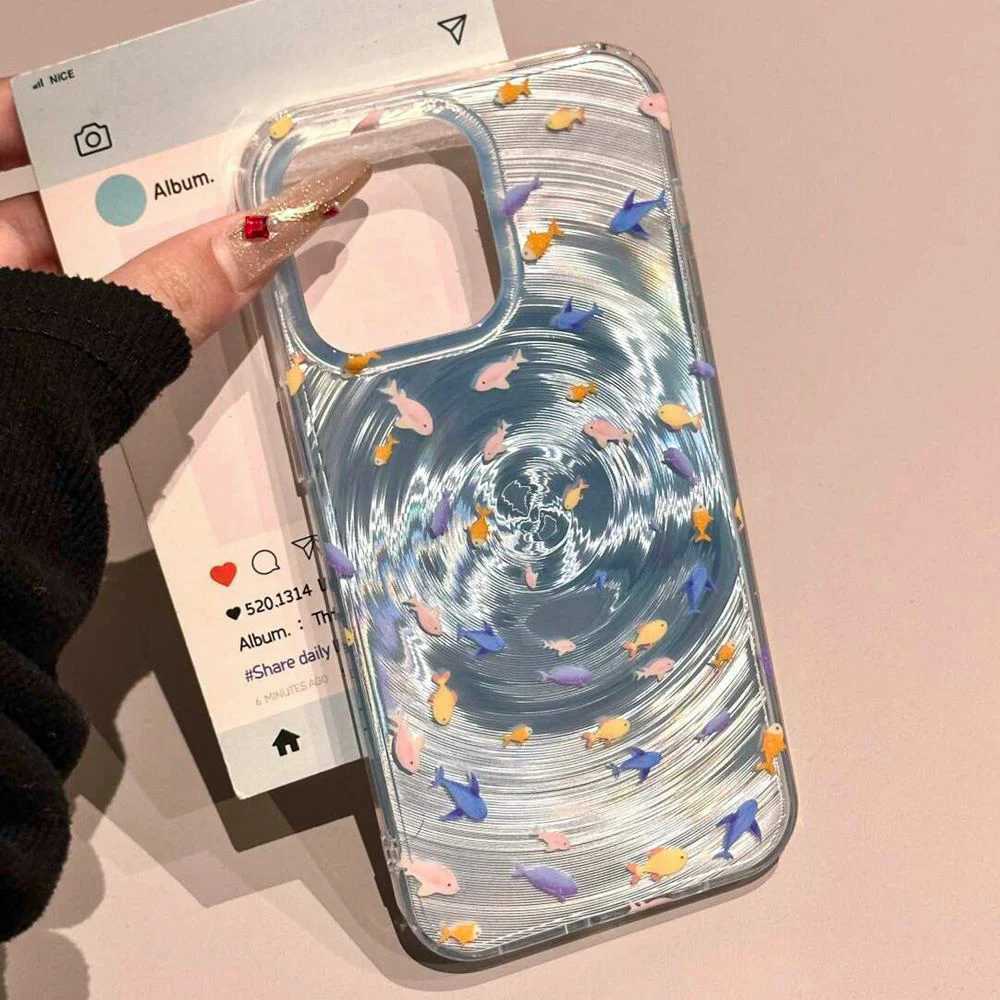 Korean Cute Fishes Silicone Phone Case For iPhone 15 Pro Case For iPhone 11 12 13 14 16 Pro Max Vortex Pattern Soft Back Cover J251202