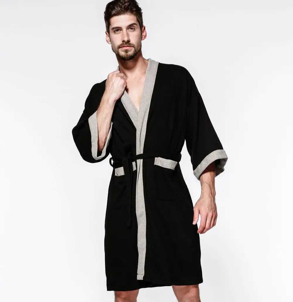 Cotton Waffle Men Kimono Bathrobe Gown Sleepwear Couple Black Robe Nightwear Loose Casual Sauna Yukata Spring Summer Home Wear C251202