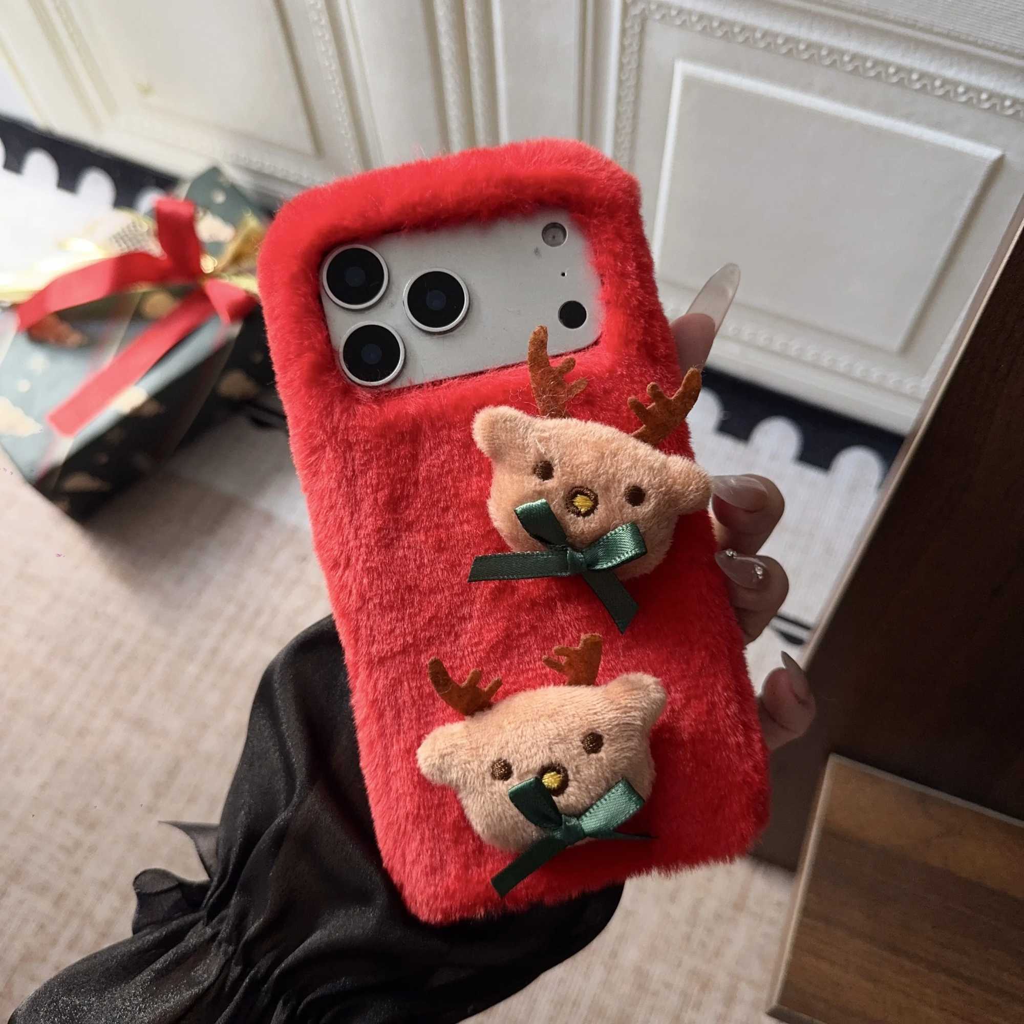 Christmas Fluffy Soft Fur Warm Phone Case for iPhone Air 11 12 13 14 15 16 17 Pro Max 3D Cute Furry Elk Deer Cover Xmas Gifts J251202