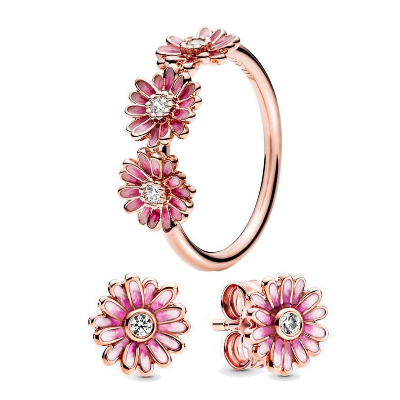 Pink Daisy Flower Trio Ring Stud Earrings Set 925 Silver Luxury RING Women Wedding Party Jewelry set Rose Gold Flower Earrings ring with Retail Box