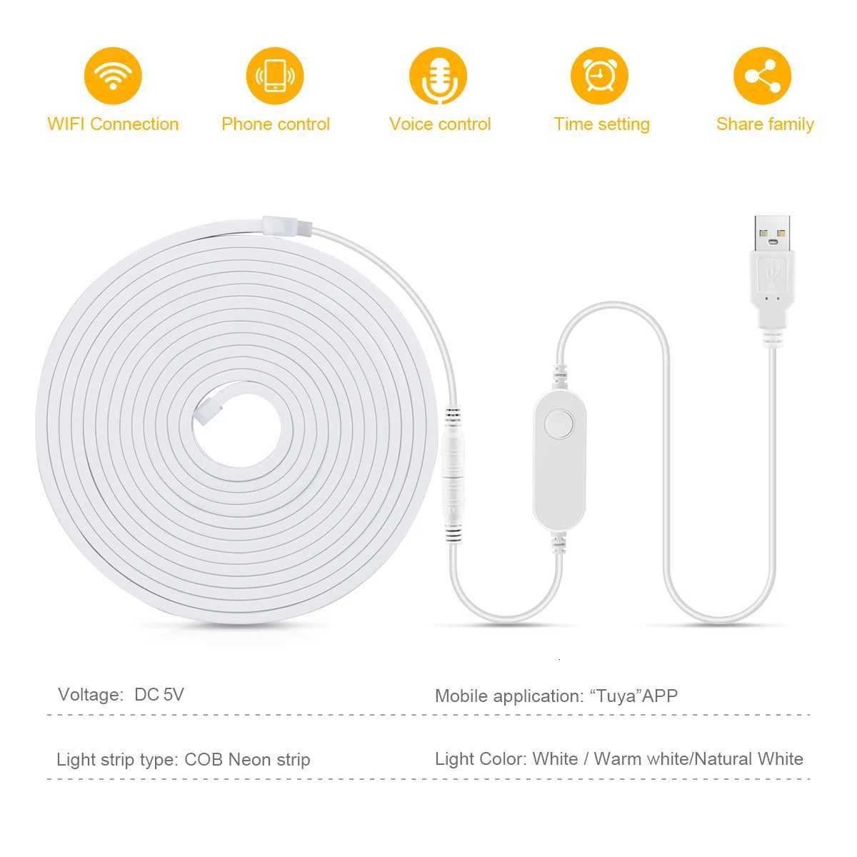 5V USB Powered Tuya Smart COB Neon Strip Light High Lumen 320LEDS/M Waterproof With Dimmable APP/Voice Control Alexa Google Home H251201