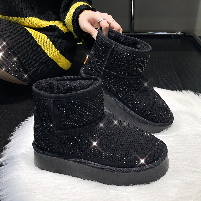 2026 New Women's Sheep Suede Winter Boots Fashion Bright Diamond Warm Snow Boots Women's Non Slip Thick Plush Ankle Boots Comfortable and Hi