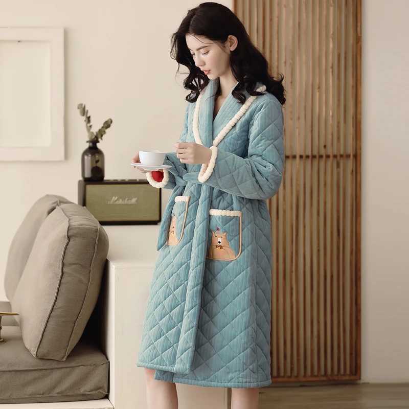 Winter Thick Warm Women Three Layer Cotton Robe Long Sleeve Casual Soft M-XXL Female Bathrobe C251202