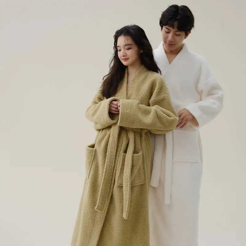 Couple Flannel Long Robe Autumn Winter New Home Clothes Sleepwear Bathrobe Kimono Thicken Warm Coral Fleece Loungewear C251202