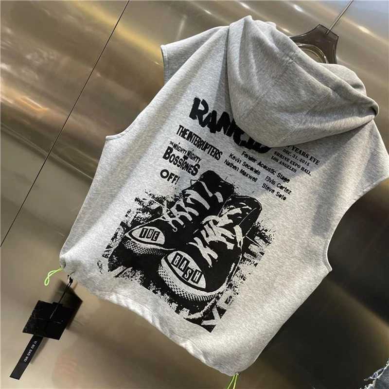 Fashion Printed Letter Sleeveless Zipper Hooded Sweatshirts Men Clothing 2025 Summer New Loose Punk Tank Top Casual Sweatshirts J251203