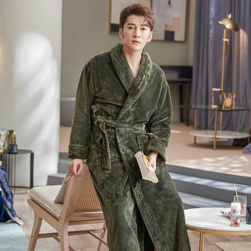 Extra Long Coral Fleece Robe Men Thick Big Yards M-XXXL Winter Kimono Homme Peignoir Bathrobe Warm Robes Pajamas Males Bathrobe C251202