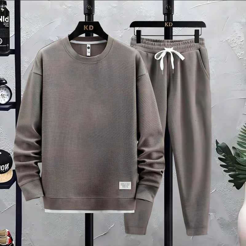 Mens Waffle Suit Sets Casual Long Sleeved Sweatshirt and Pants for Sports Mens T-shirt Hoodie Casual Trousers Set Loose Fit W251202