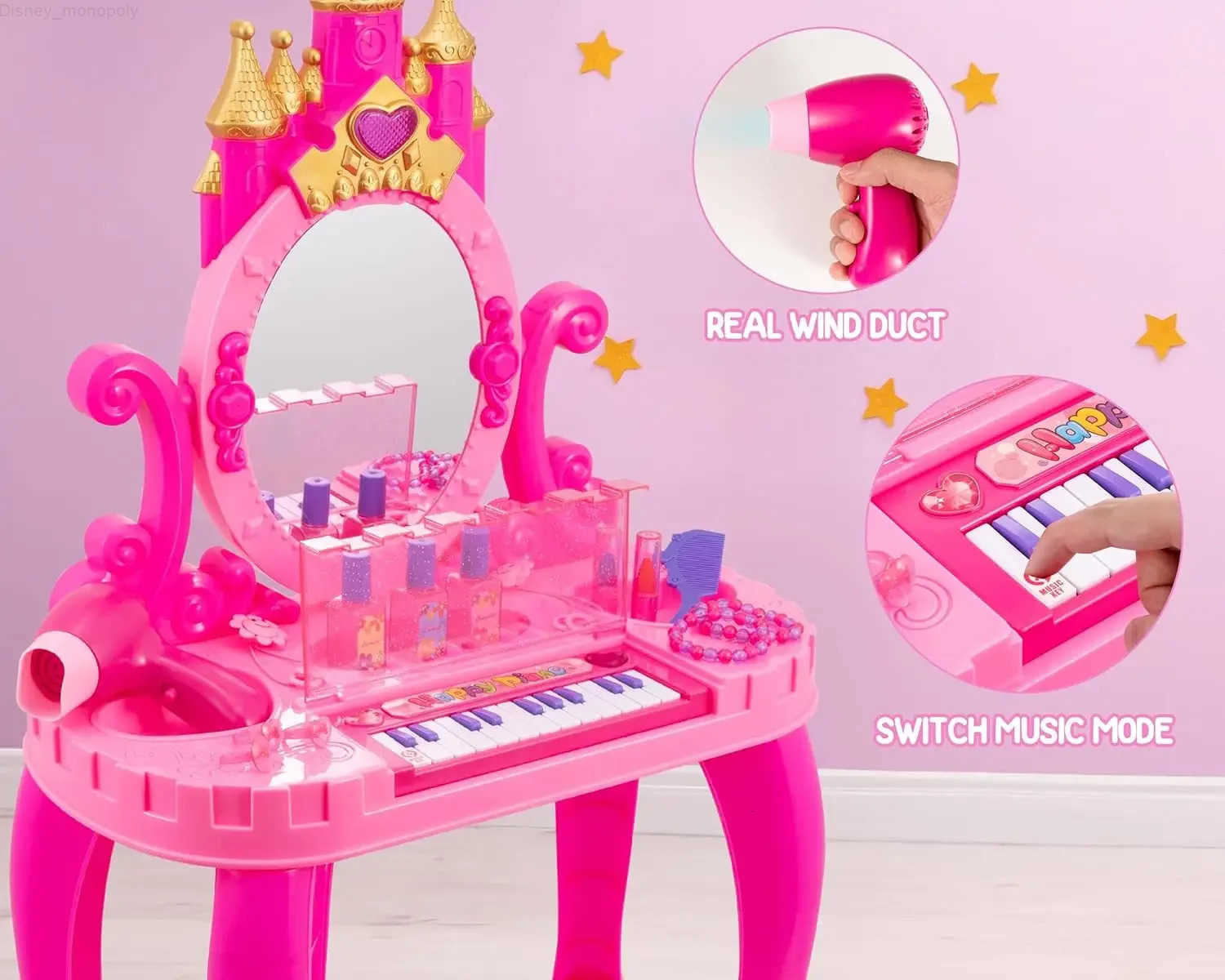 Disney Vanity Makeup Table Toy with Adjustable Mirror Comfortable Seat Electronic Organ Lights for Little Girls Toddler Vanity Set H251202