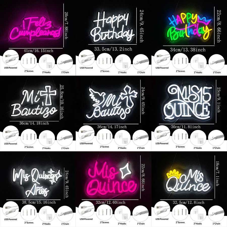 Happy Birthday Neon Sign for Wall DecorFeliz Cumpleaos/Mis Quince Anos Art Decor for Bedroom Bar Home Birthday Party Decor H251201