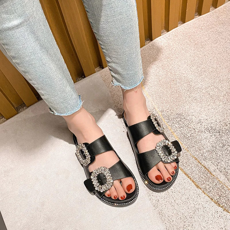 Women Rhinestone Slippers Crystal Buckle Shoes Ladies Flats Sandals Double Strap Flipflops Platform Slides Beach Sandalias Mujer 251201