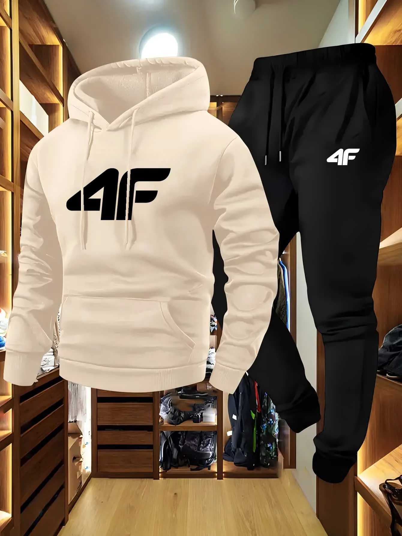 MenS Casual Sports Raglan Sleeve Hooded Sweatshirt Two-Piece Set 4F Print Sweatshirt Casual Versatile Trendy Hoodie Set W251202