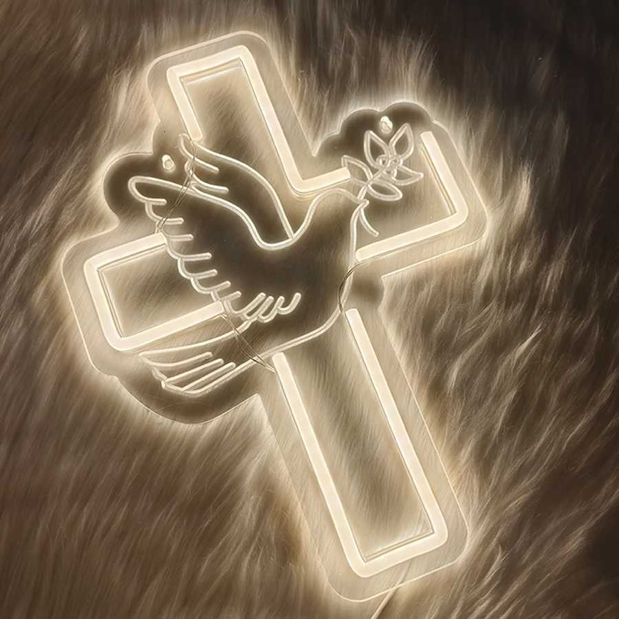 Cross Led Neon Sign Warm White Dove Icon Usb Powered For Jesus Church WeddingHome Easter Activities Decor Easy To Hang H251201
