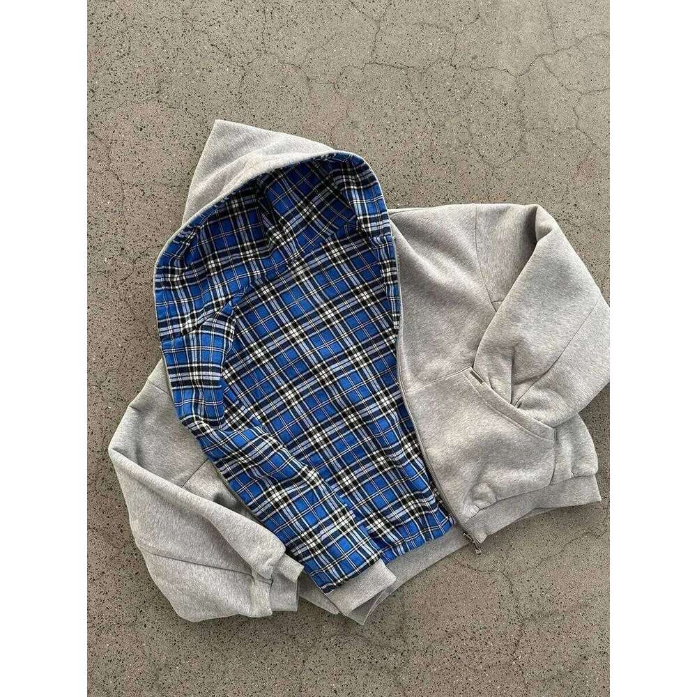 Designer Korean Fashion Simple Gray Double-Sided Oversized Zipper Hoodie Women's Y2k New Harajuku Gothic Casual Joker Couple Street Wear