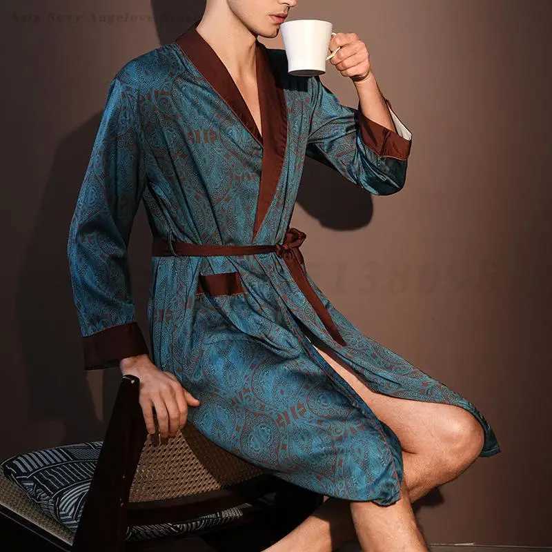 Spring Summer New Nightgown High Quality Mens Sleepwear Robe Satin Print Bathrobe Kimono Long Sleeve Home Wear Boyfriend Gift C251202