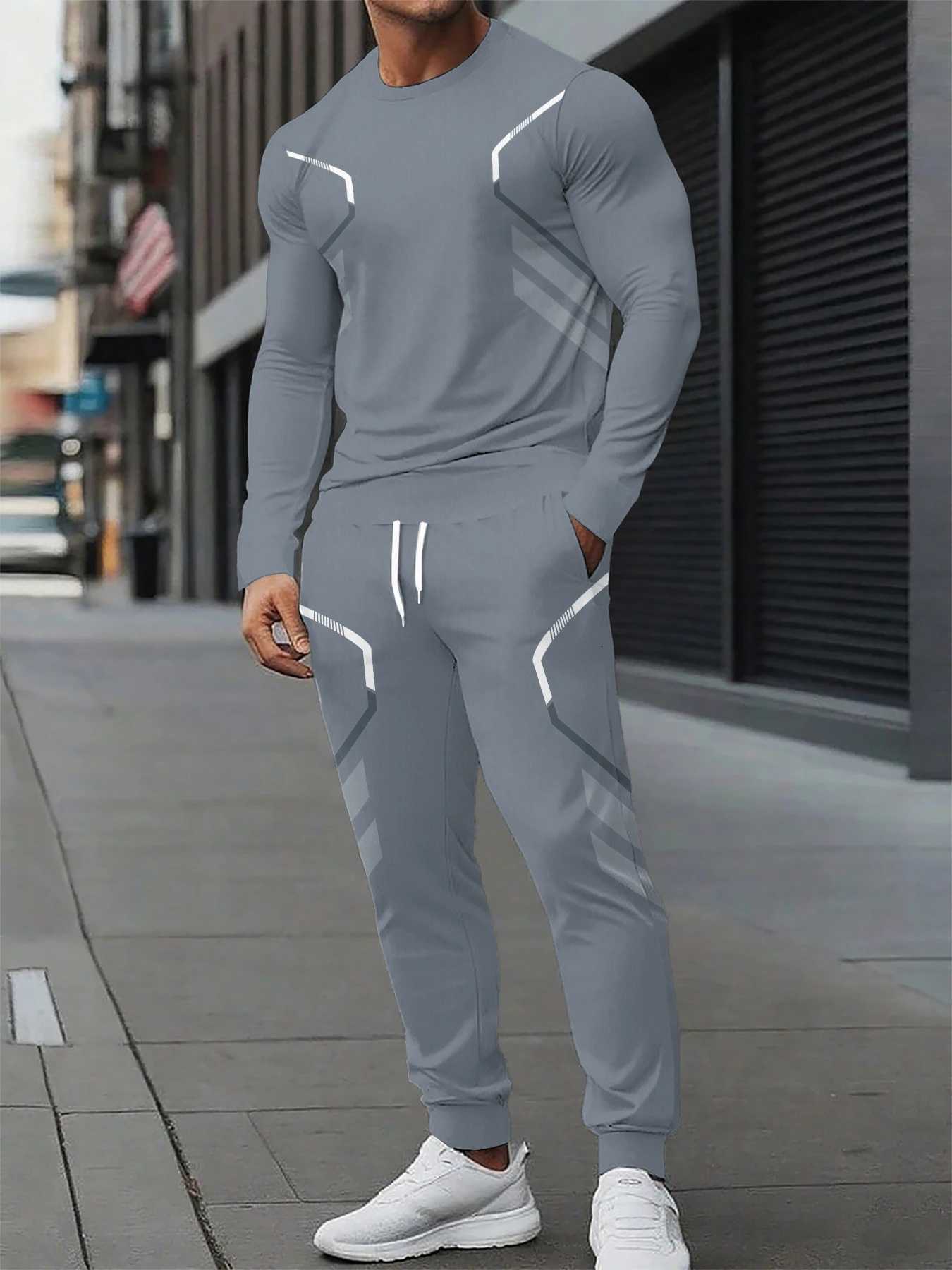 The new mens round-neck sweatshirt set for Spring and Autumn 2025 features street fashion and comfort with 3D pattern printing W251202