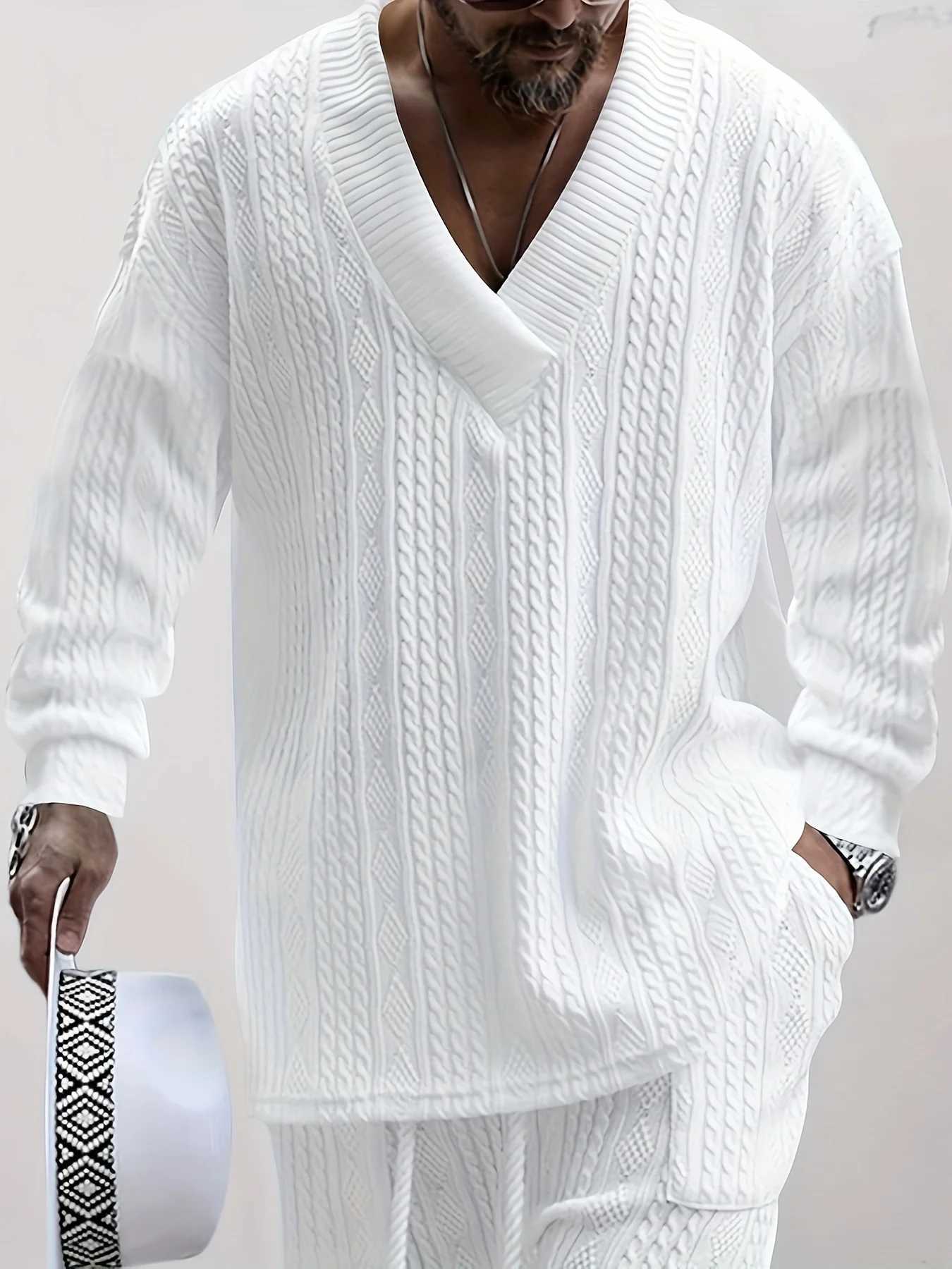 Herren Casual Sweatshirt Sweatshirt Set V-Ausschnitt Jacquard Strick Langarm Einfarbig Leicht Dehnbar Regular Fit W251202