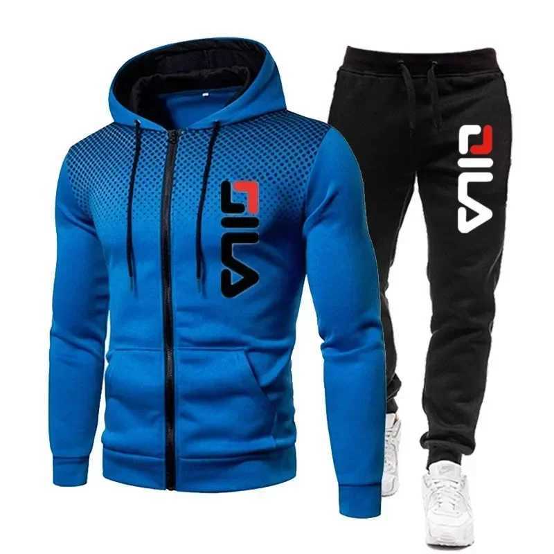 Mens new autumn and winter multi-pocket zipper long-sleeved hoodie sports and leisure pants two-piece fitness jogging suit W251202