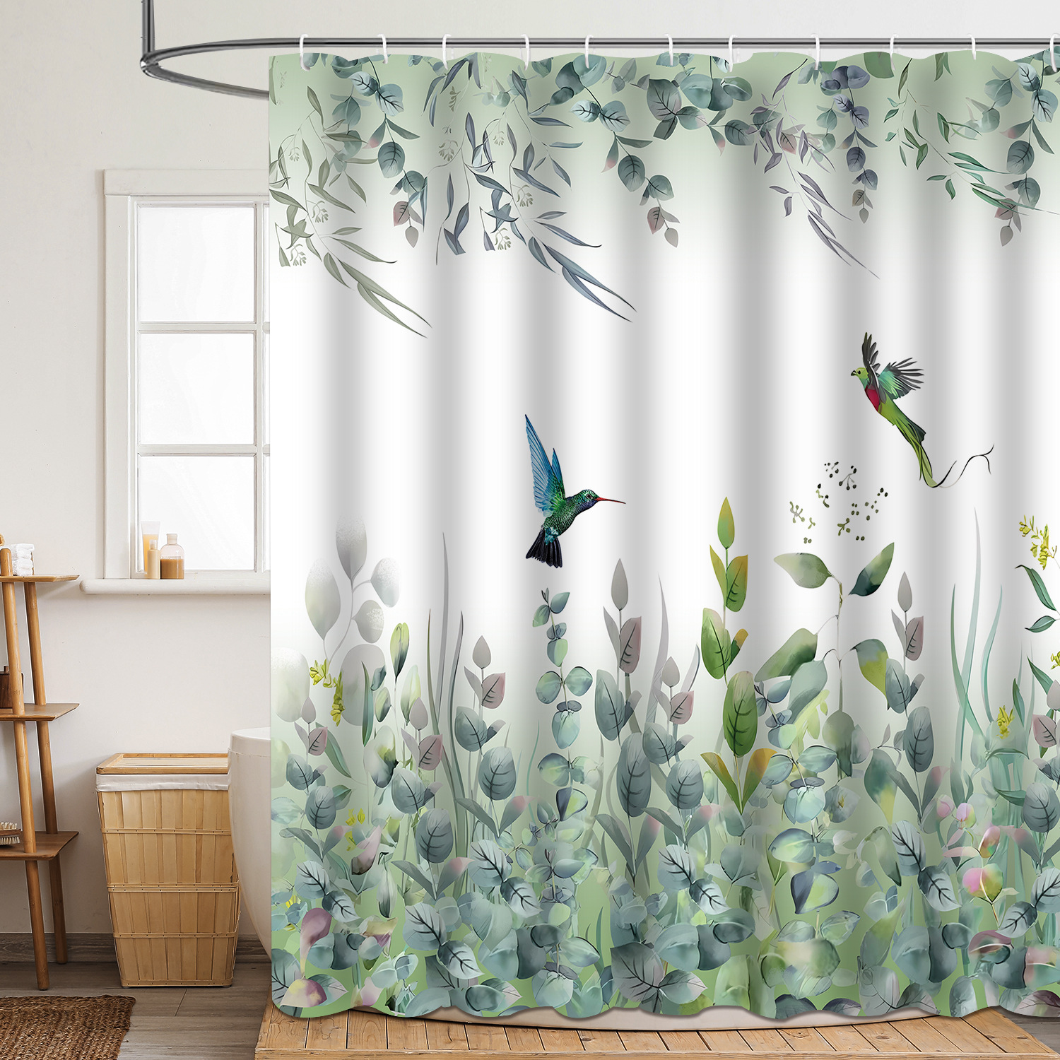 YL-37864 High-definition digital printed floral and bird shower curtain, waterproof, moisture-proof, no-drill bathroom partition curtain